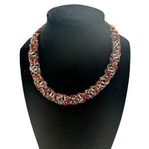 Beaded Twisted Necklace With Red & Silver Glass Beads Handcrafted Statement